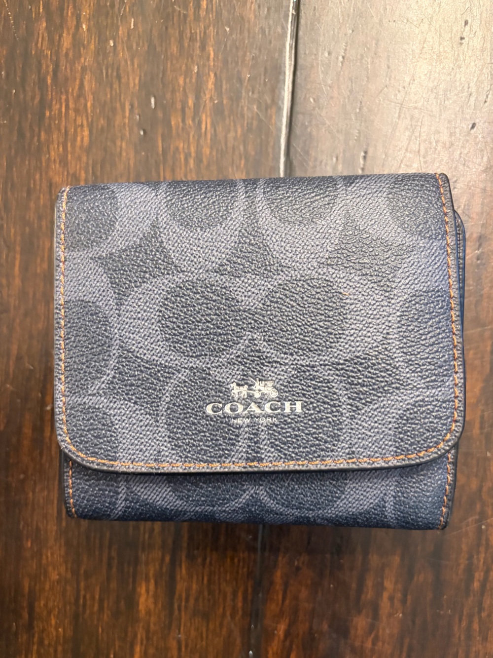 Coach Compact Trifold Wallet in Navy with Silver Logo and red interior